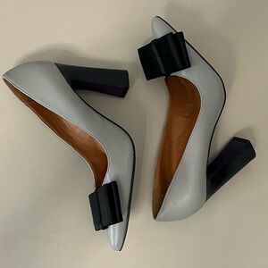 MOJO MOXY Gray Leather SOFIA Black SATIN Bow Heels